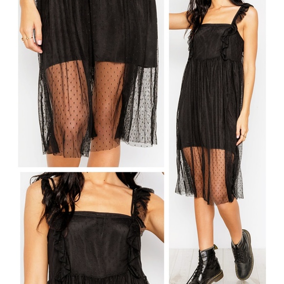 Black Polka Dot Sheer Mesh + Satin Slip Midi Dress - Picture 6 of 8